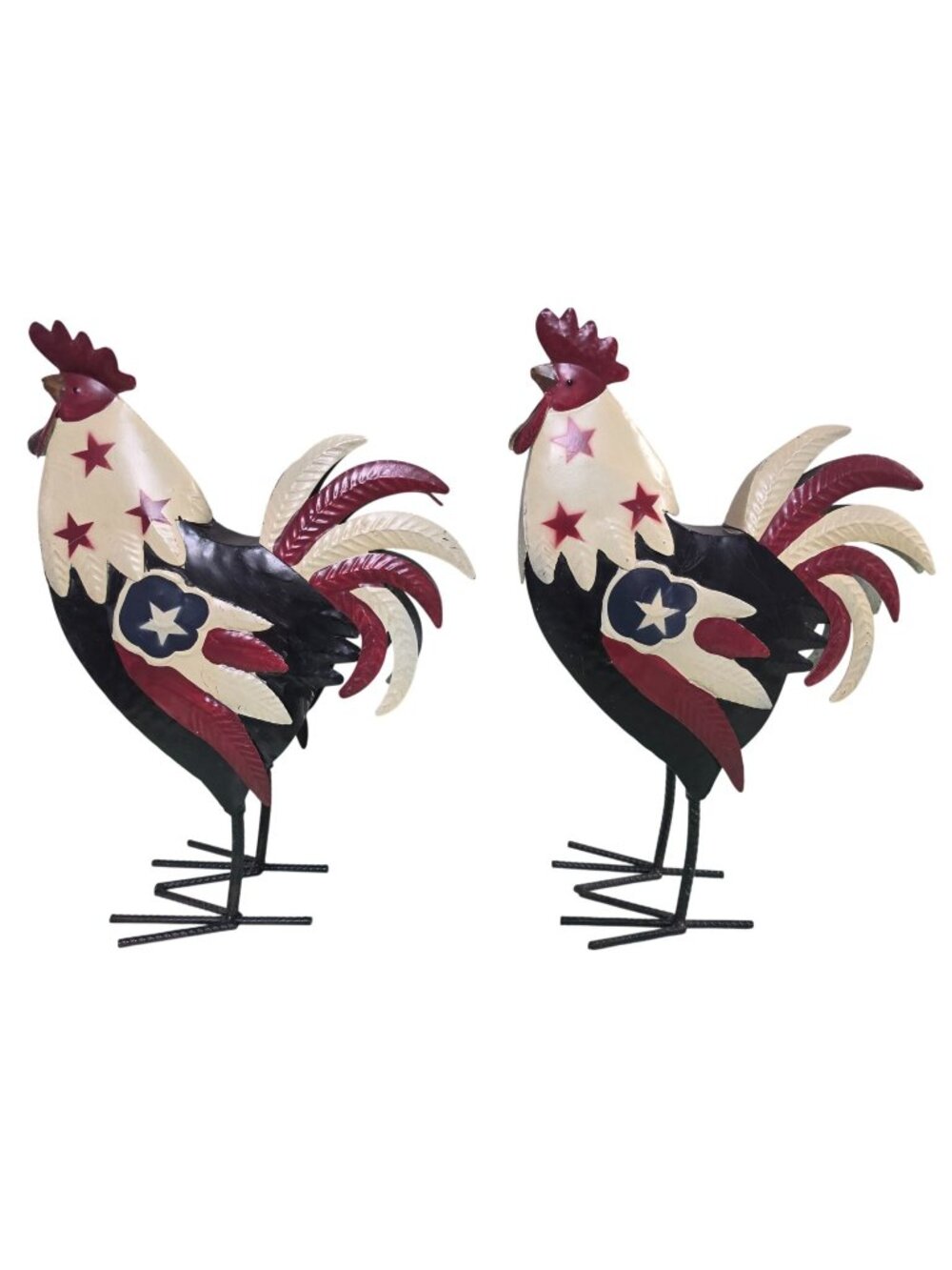 Patriotic Metal Rooster Statues Set of 2 Americana Farmhouse Decor 14.5"